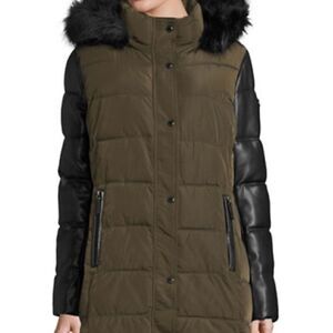Calvin Klein Hooded Down Coat with Faux Fur Trim-green-medium